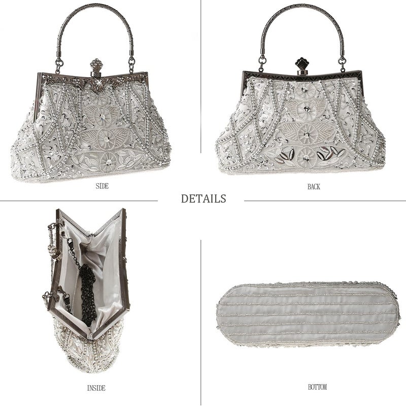 DA BODAN Women's Evening Bag Vintage Beaded Sequin Pearl Clutch Handbag Shoulder Bag Purses for Wedding Bridal Prom Party (Silver) - Image 5